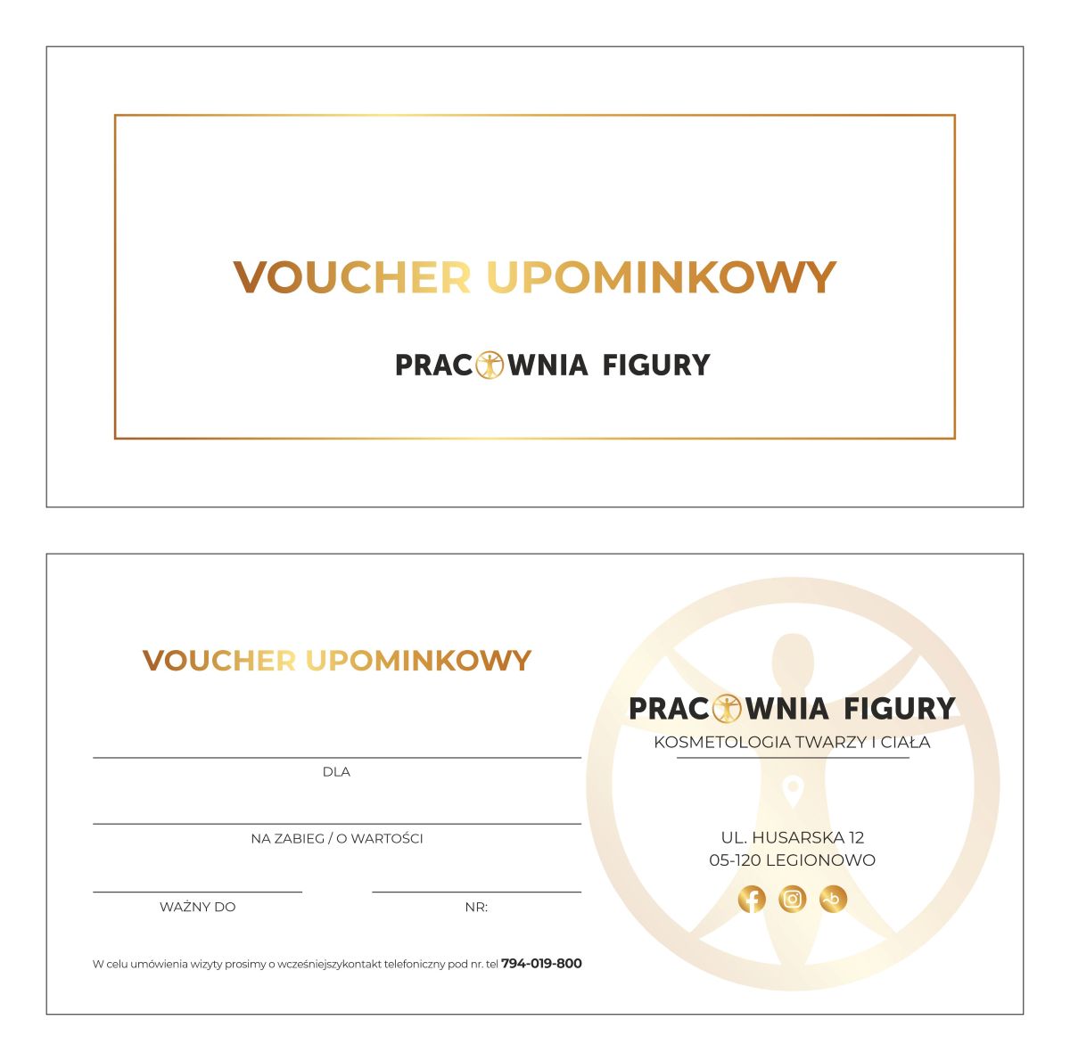Voucher upominkowy Pracowni Figury w Legionowie - przód i odwrót karty podarunkowej